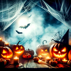 Halloween time image of Halloween related items magical items books pumpkin lanterns candles witch hats fog and cobwebs gloomy fairy lights spiders and cats