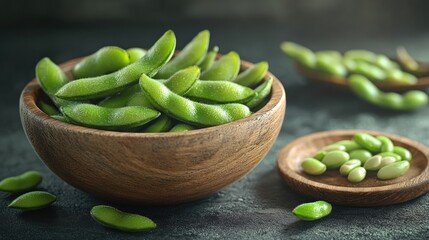 Wall Mural - Fresh green edamame beans in a wooden bowl.