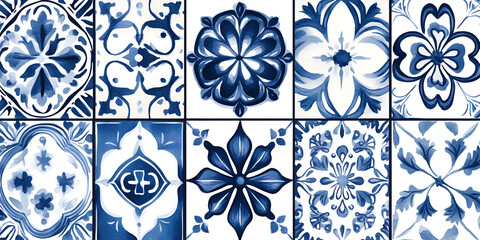 Blue and White Ceramic Tiles with Floral Patterns