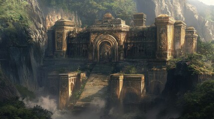 Poster - Ancient Stone Temple in a Misty Jungle Setting