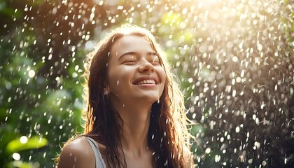 Wall Mural - Joyful woman embracing the rain with sunlight breaking through trees, creating a warm and inviting ambiance