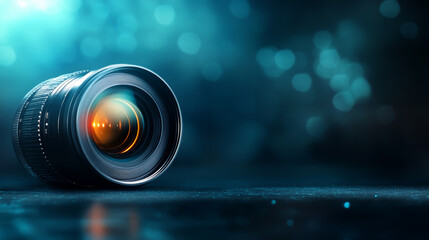 Canvas Print - camera lens is positioned against dark background, illuminated by soft glow, creating captivating at