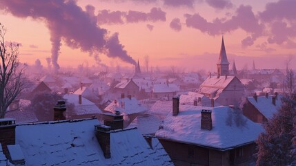 A serene winter morning in a small village, with snow-covered rooftops, smoke rising from chimneys, and the soft pink light of dawn.