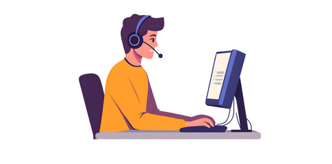 Wall Mural - Young man working in customer service wearing a headset flat illustration isolated on background	