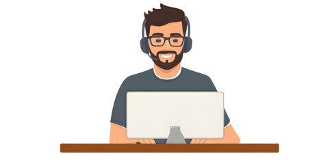 Sticker - Young man working in customer service wearing a headset flat illustration isolated on background	