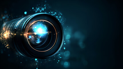 Canvas Print - camera lens against dark background, illuminated by glowing particles, creates captivating visual ef