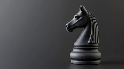 sleek black knight chess piece stands prominently against dark grey gradient background, symbolizing strategy and intellect in game of chess