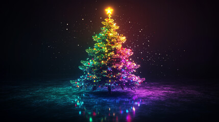 Wall Mural - vibrant Christmas tree adorned with colorful lights and shining star on top creates magical holiday atmosphere. sparkling effects enhance festive spirit