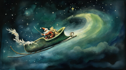 Wall Mural - Watercolor of Santa Claus riding his sleigh on dark green background