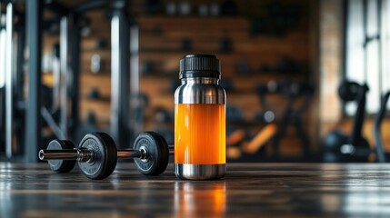 A stainless steel water bottle with an orange drink inside sits next to a dumbbell on a wooden surface in a gym.