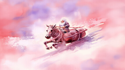 Wall Mural - Watercolor of Santa Claus riding his sleigh on light magenta background