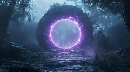 Glowing Mystical Portal in Dark Enchanted Forest Landscape