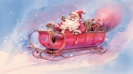 Wall Mural - Watercolor of Santa Claus riding his sleigh on vivid pink background