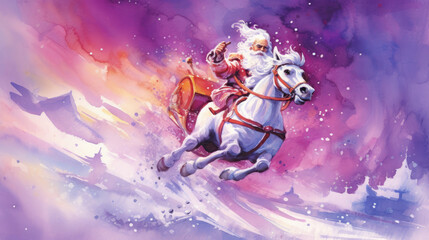 Wall Mural - Watercolor of Santa Claus riding his sleigh on vivid purple background