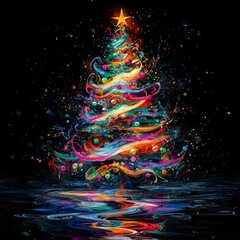 Wall Mural - vibrant Christmas tree adorned with colorful ornaments and shining star reflects beautifully on dark background, creating magical holiday atmosphere