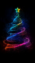 Wall Mural - vibrant christmas tree adorned with colorful lights and shining star at top creates festive atmosphe
