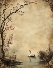 Wall Mural - Elegant swan in calm lake, vintage nature scene with blooming tree branches
