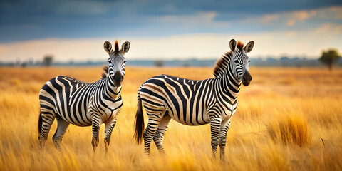 Two lonely zebras standing in the wild , wildlife, nature, animals, safari, striped, black and white, solitude, wilderness