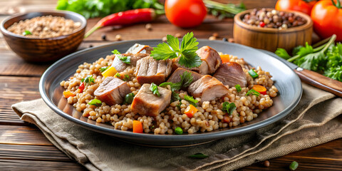 Delicious buckwheat dish with savory meat , healthy, organic, dinner, meal, grains, protein, nutritious, food