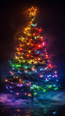 Wall Mural - vibrant Christmas tree adorned with colorful lights and glowing star on top creates festive atmosphere. enchanting display radiates joy and warmth, perfect for holiday season