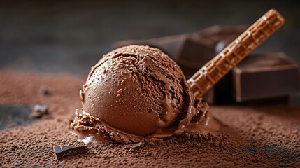 Wall Mural - Close up of a scoop of chocolate ice cream on a bed of cocoa powder.