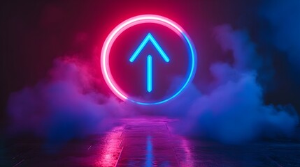 Wall Mural - Glowing Neon Arrow in Circular Frame with Swirling Smoke Background