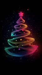 Wall Mural - vibrant Christmas tree with colorful swirling lights and star on top, set against dark background filled with sparkling stars, creates festive and magical atmosphere