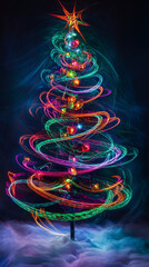 Wall Mural - vibrant Christmas tree adorned with colorful lights and ornaments creates magical holiday atmosphere. swirling light effects enhance festive spirit, making it captivating sight