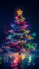 Wall Mural - vibrant Christmas tree adorned with colorful lights and shining star on top creates magical holiday atmosphere. reflections on surface enhance festive spirit