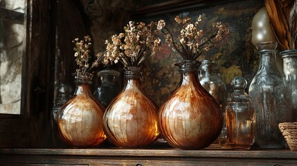 Canvas Print - Vintage Glass Bottles with Dried Flowers on Wooden Shelf