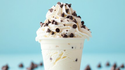 Wall Mural - Close up of chocolate chip ice cream in a cup, with a blue background.