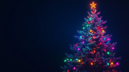 Wall Mural - beautifully decorated Christmas tree shines brightly with colorful lights and star on top, creating festive and joyful atmosphere