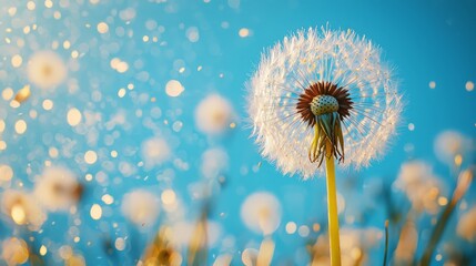 Close-up of dandelion seeds in the breeze with bokeh background