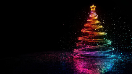 Wall Mural - vibrant christmas tree made of colorful light trails shines against dark background, creating festiv
