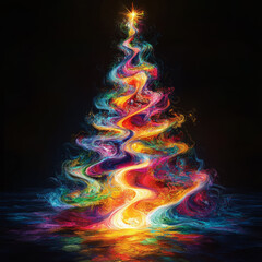 Wall Mural - vibrant Christmas tree with swirling colors and glowing star at top creates magical holiday atmosphere. colorful effects evoke joy and celebration