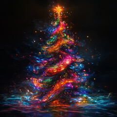Wall Mural - vibrant Christmas tree adorned with colorful lights and ornaments radiates joy and warmth, creating magical holiday atmosphere. swirling colors and sparkling effects enhance festive spirit