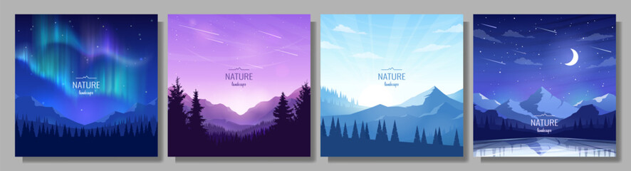 Wall Mural - collection of mountain landscapes. aurora borealis, sunrise in the mountains, night scene. design fo