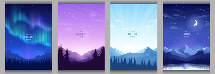 Wall Mural - set of 4 vector landscape backgrounds. aurora borealis, night scene, moon over lake, view of forest 
