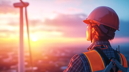 A silhouette of a worker in a hard hat gazes at a wind turbine against a colorful sunset sky, symbolizing renewable energy and innovation.