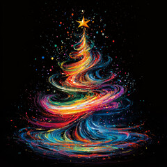 Wall Mural - vibrant Christmas tree adorned with colorful swirls and shining star, creating festive and joyful atmosphere. bright colors and dynamic patterns evoke sense of celebration and warmth