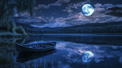 a solitary wooden boat resting on a tranquil lake under a starlit sky with a large, full moon illumi