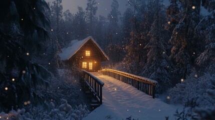 Wall Mural - A snow-covered bridge leading to a cozy cabin deep in the woods, with a warm glow coming from inside and tall trees all around.