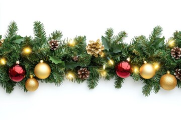 Canvas Print - Seamless decorative christmas border with coniferous branches and garlands of christmas lights and ornaments cosmetics festival perfume.