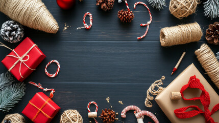 Festive decorations and gifts create warm holiday atmosphere, featuring red and gold presents, pinecones, and twine. Perfect for celebrating Christmas cheer!