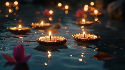 Wall Mural - lit diwali decorative oil lamps glowing on floor