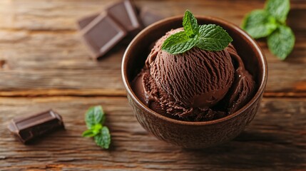 Closeup of a bowl of chocolate ice cream topped with a mint leaf, on a wooden surface.