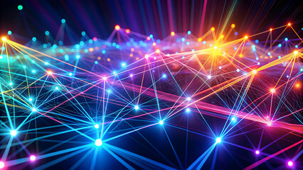 Wall Mural - Interconnected data points with bright neon lines and digital effects, technology, network, connections, digital