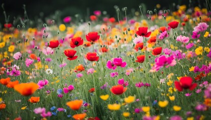 Vibrant wildflower field in full bloom, displaying a stunning array of colors and textures across the landscape