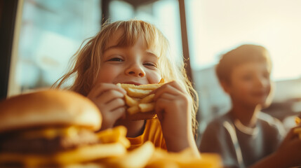 A young girl is eating a burger and fries