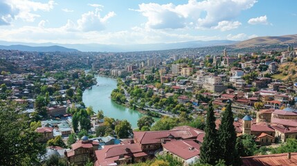 Wall Mural - View from Narikala Fortress, overlooking the Old Town and modern skyline of Tbilisi, with the Kura River winding through.